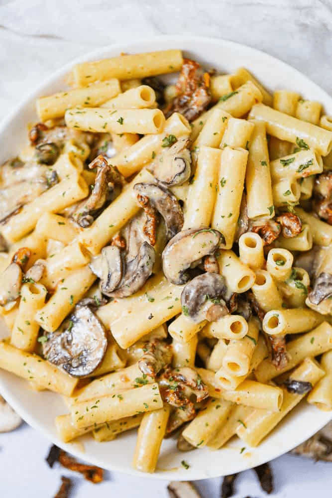 Easy Vegan Cheesy Sun-Dried Tomato Mushroom Pasta Recipe