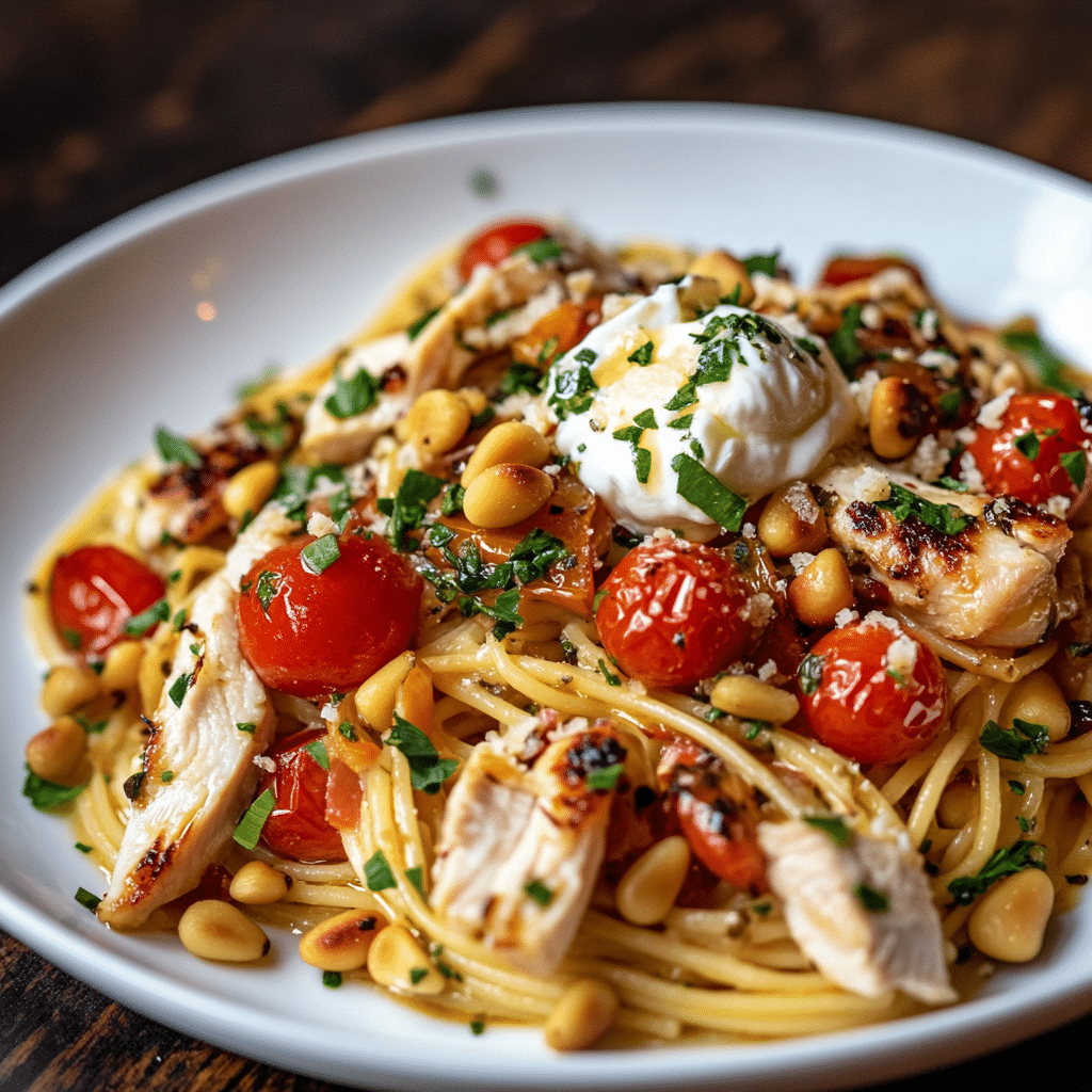 Chicken Spaghetti with Burrata and Lemon Butter Garlic Sauce Recipe