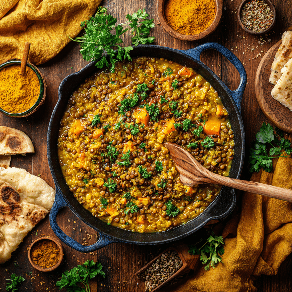 One Pan Chicken, Red Lentils, and Coconut Curry