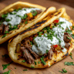 Cheesy Beef and Mushroom Pita Pockets with Tzatziki Sauce