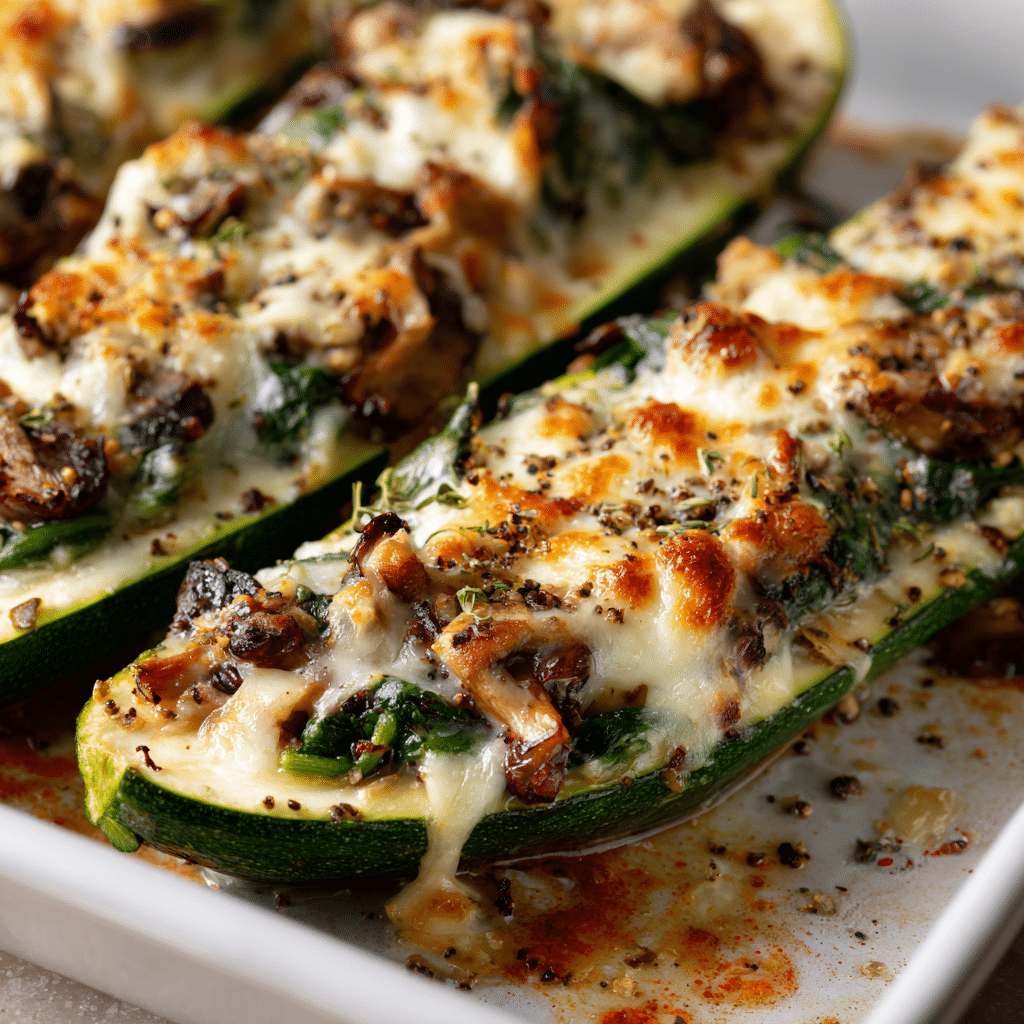 Spinach, Mushroom, and Ricotta Stuffed Zucchini