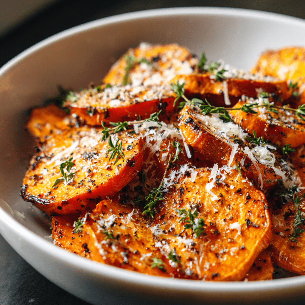 Roasted Sweet Potatoes with Garlic and Parmesan