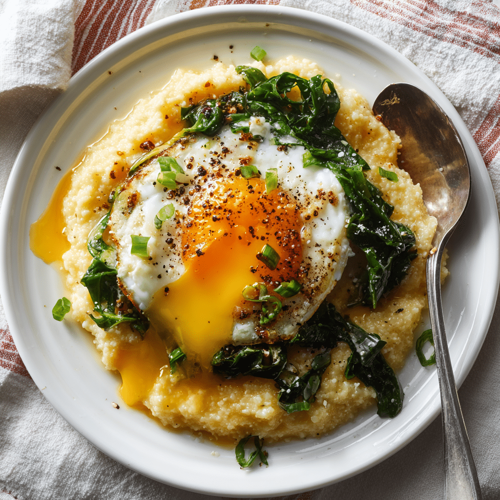 Cheesy Grits with Spinach and Fried Eggs