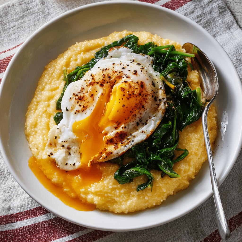 Cheesy Grits with Spinach and Fried Eggs