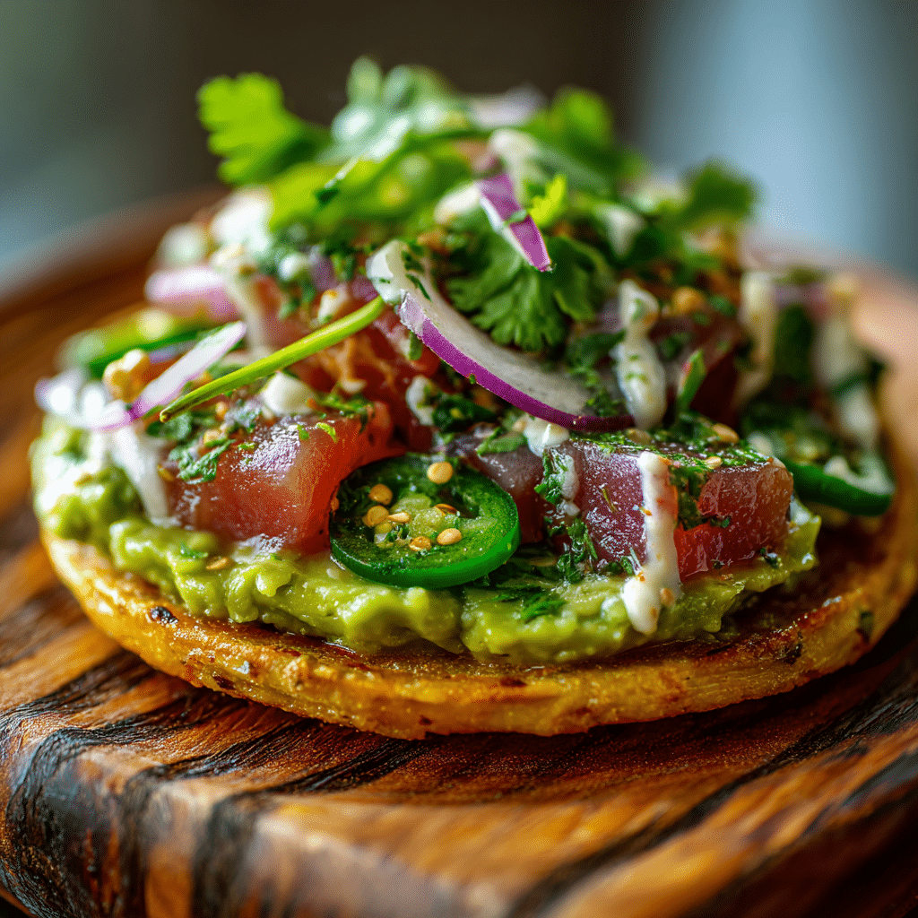Tuna Tartare Tostada with Chipotle Mayonnaise