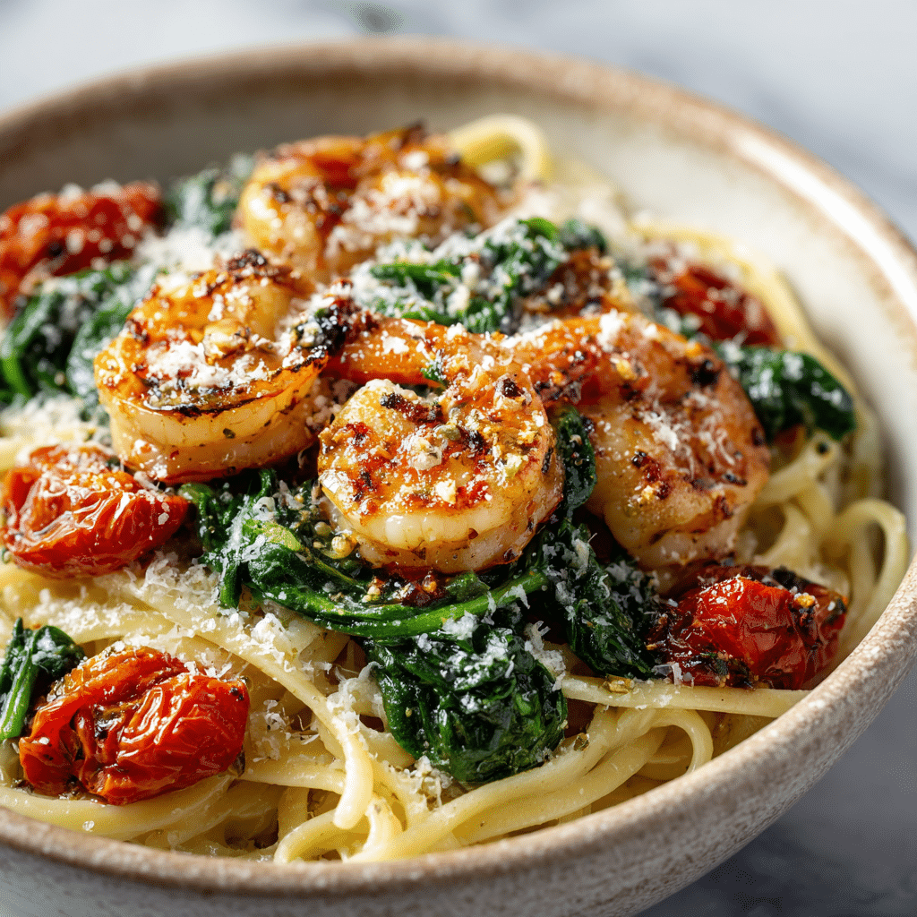 Tomato Spinach Shrimp Pasta