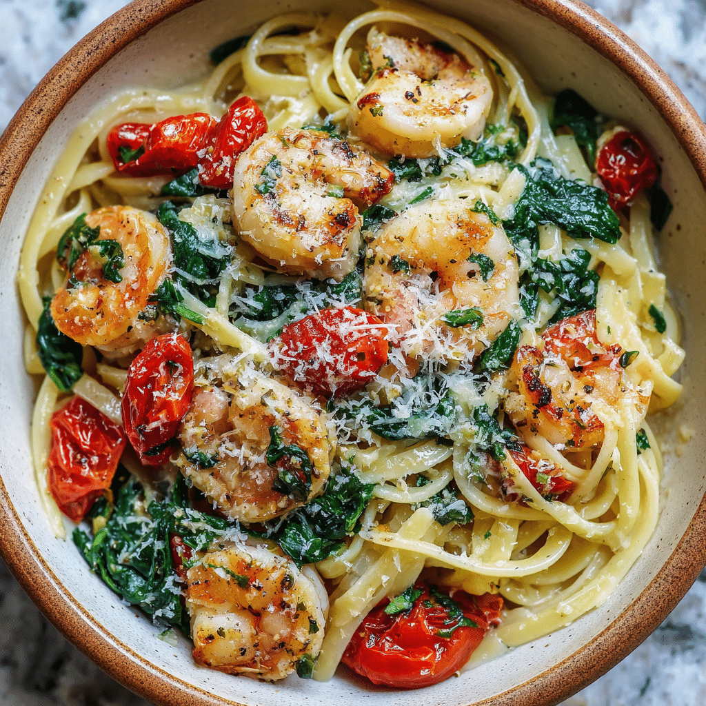 Tomato Spinach Shrimp Pasta