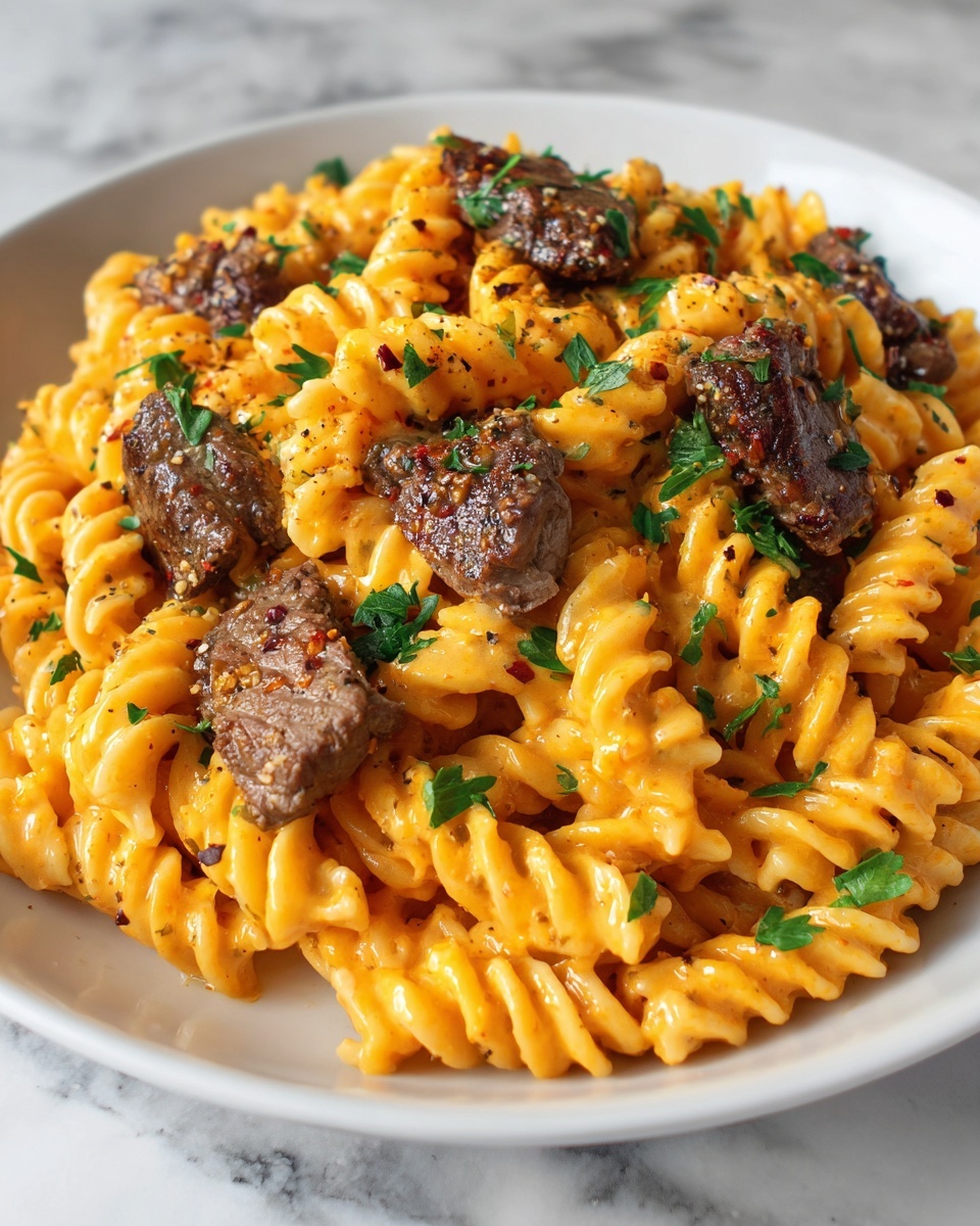 Cheesy Steak Bites and Rotini Pasta Recipe - Recipe Image