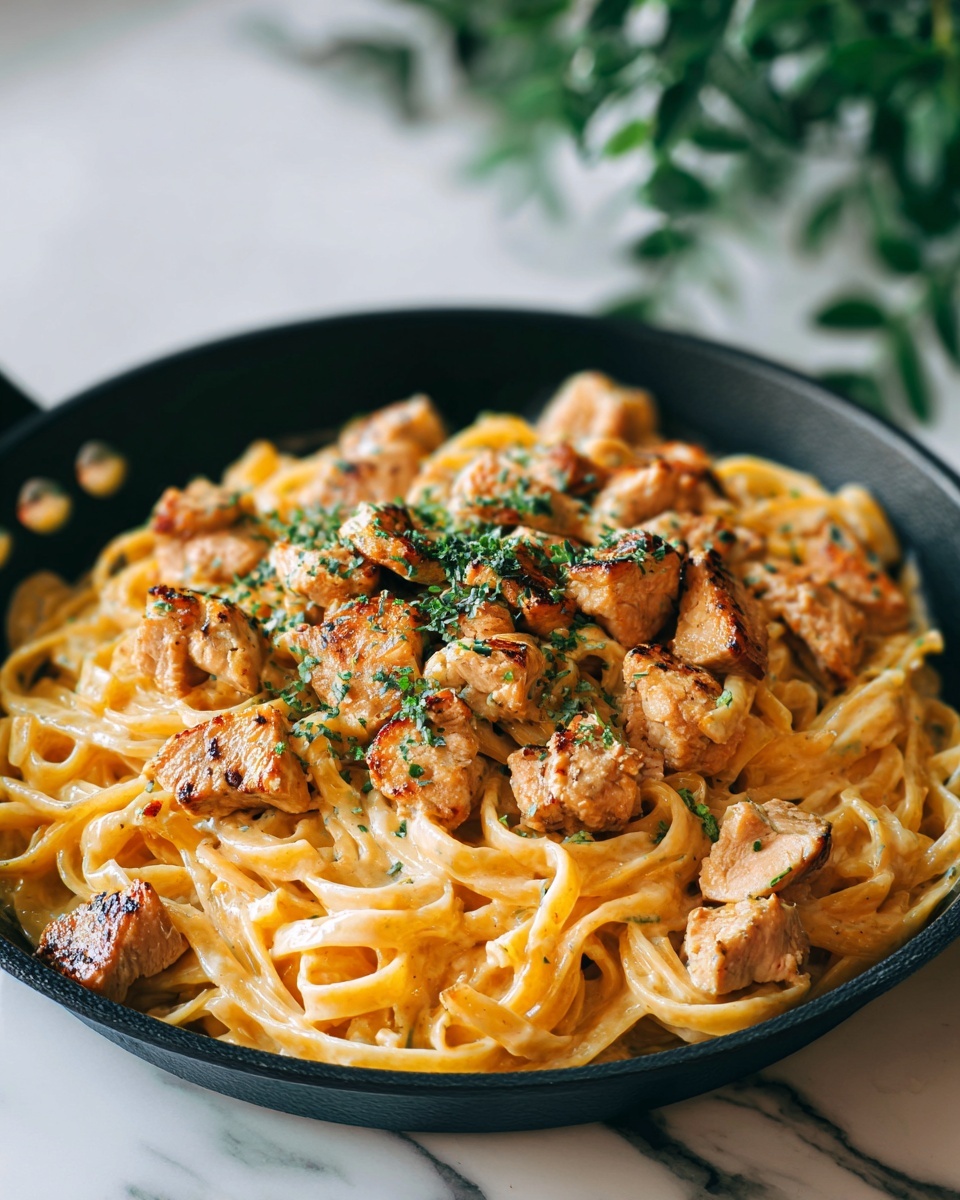 Garlic Butter Chicken Bites with Savory Creamy Parmesan Pasta Recipe - Recipe Image
