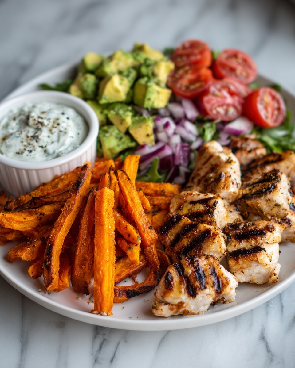 Grilled Chicken with Sweet Potato Fries and Fresh Avocado Salsa Recipe - Recipe Image