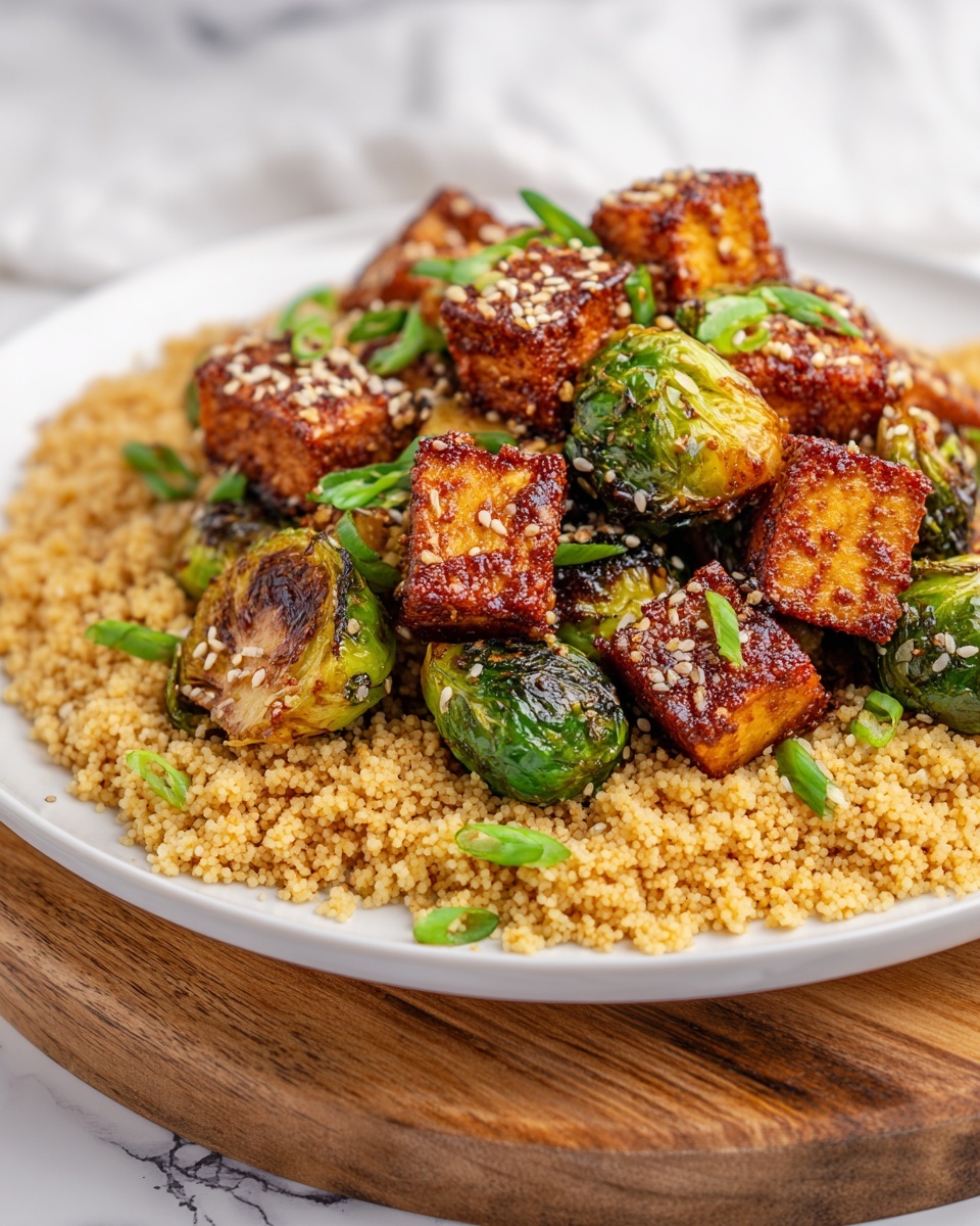 Roasted Brussels Sprouts and Crispy Tofu with Honey-Sesame Glaze Recipe - Recipe Image