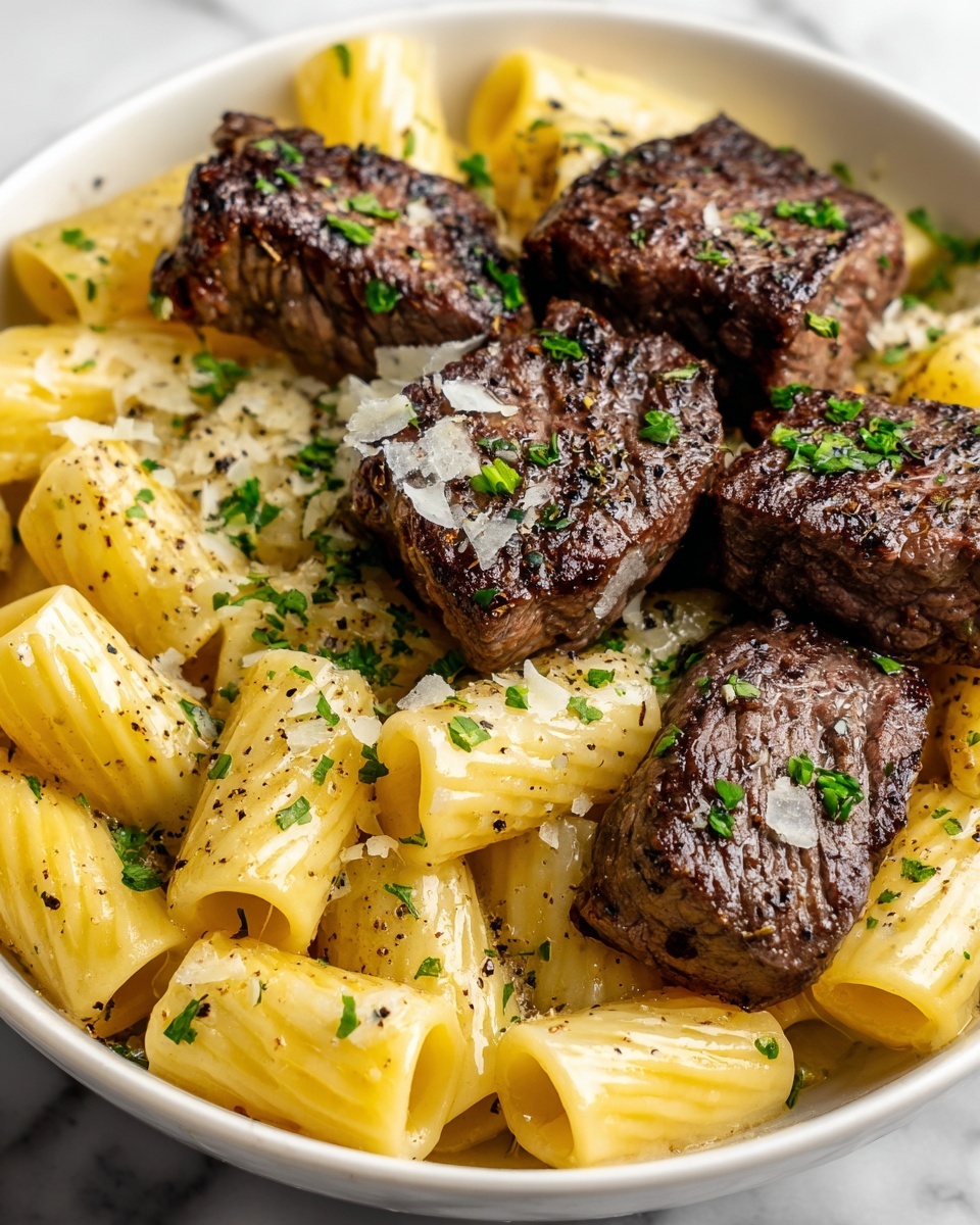 Garlic Butter Steak Tips with Cheesy Rigatoni Recipe - Recipe Image