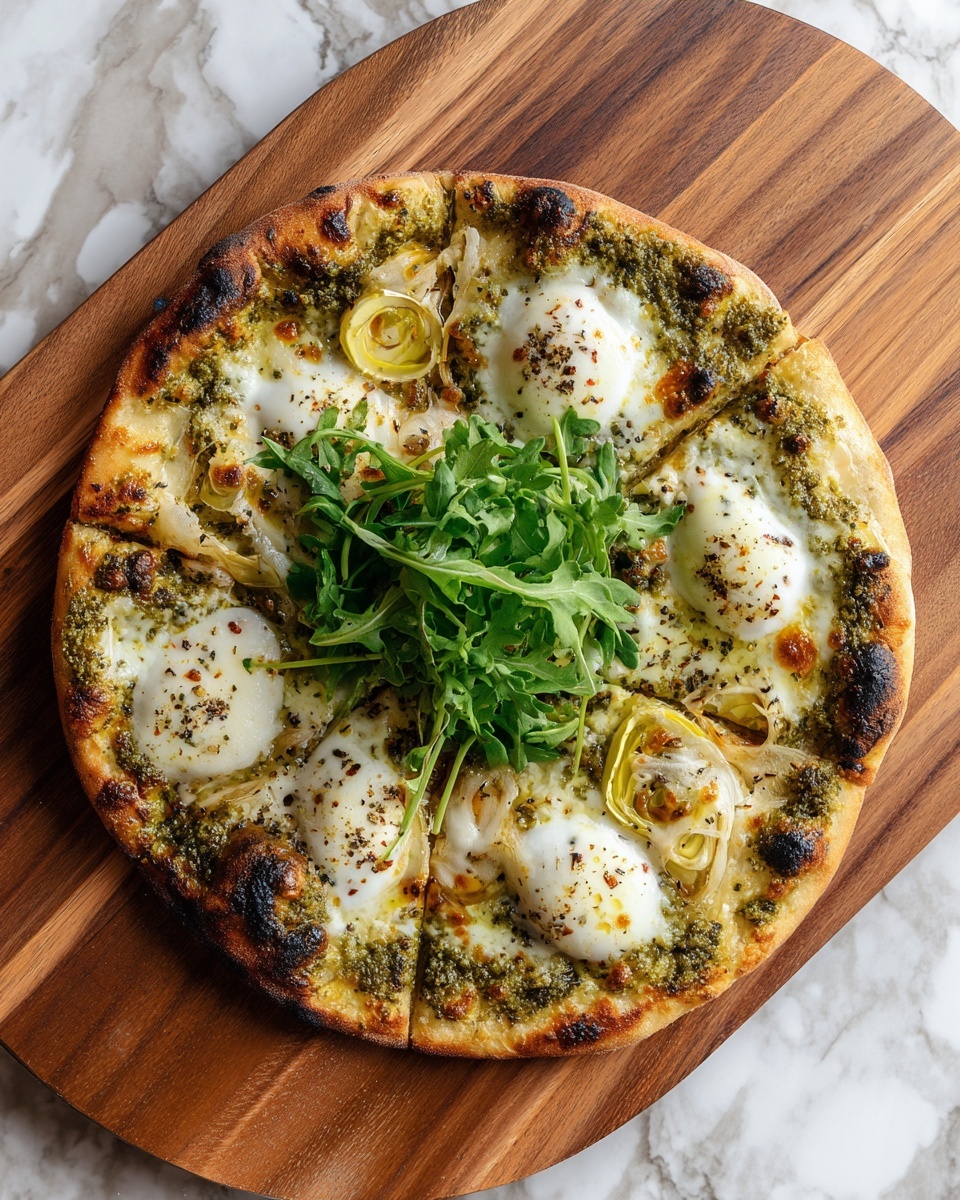Artichoke Pesto Burrata Pizza with Lemon Arugula Recipe - Recipe Image