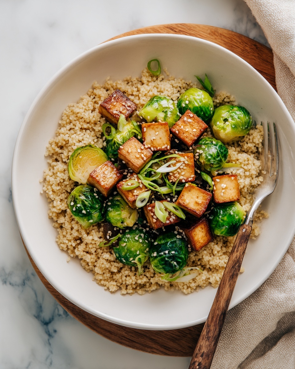 Roasted Brussels Sprouts and Crispy Tofu with Honey-Sesame Glaze Recipe - Recipe Image