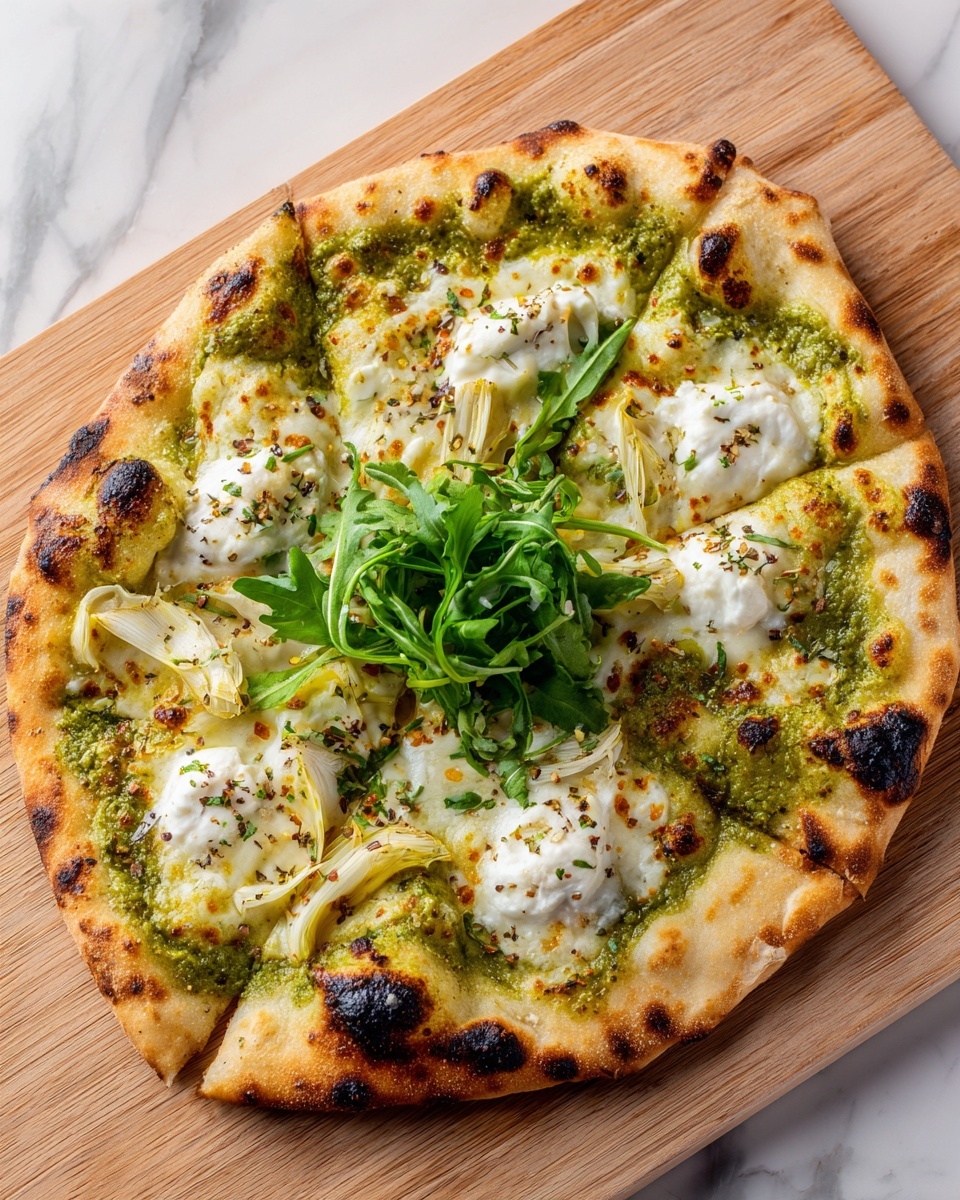 Artichoke Pesto Burrata Pizza with Lemon Arugula Recipe - Recipe Image