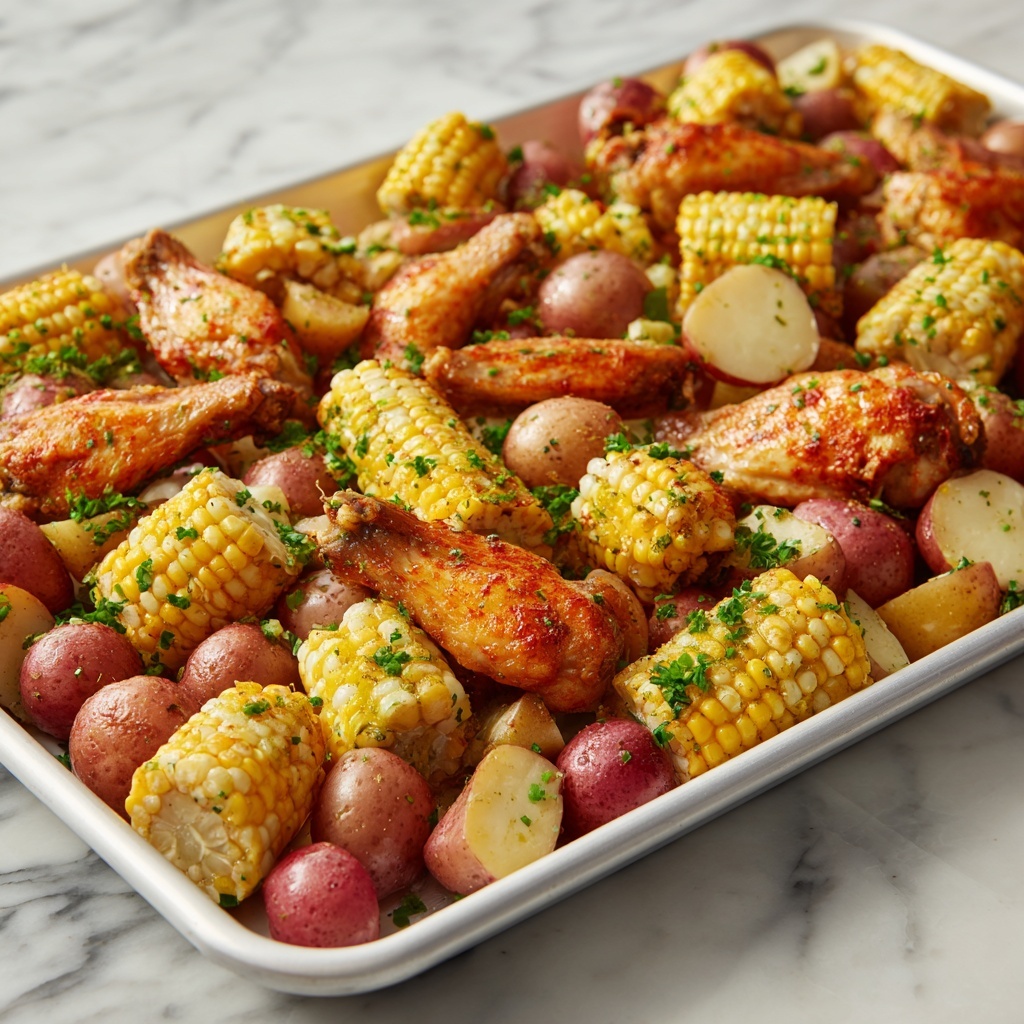 Spicy Cajun Chicken Wing Boil with Corn, Sausage, and Potatoes Recipe - Recipe Image
