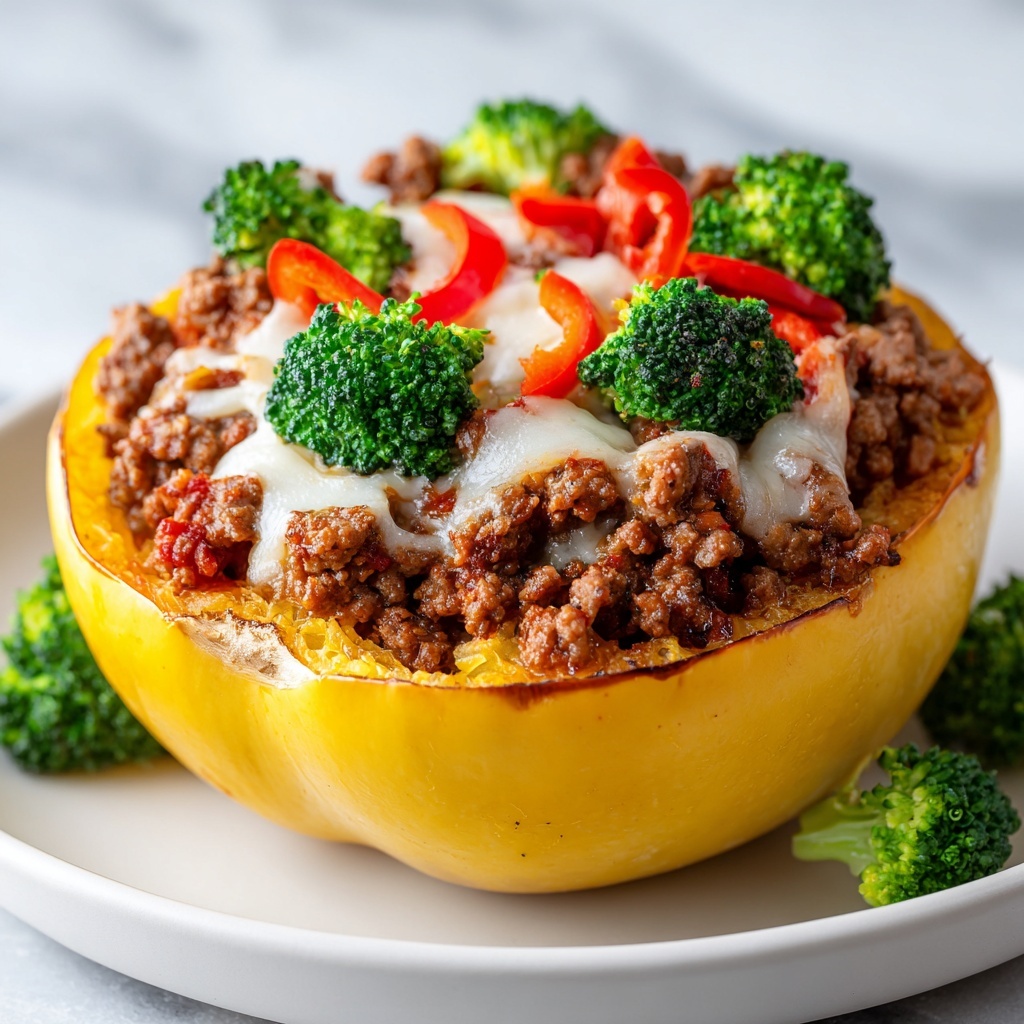 Ground Beef and Sausage Stuffed Spaghetti Squash with Cheddar and Swiss Recipe - Recipe Image