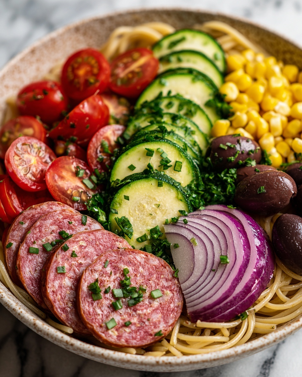 Spaghetti Salad with Fresh Vegetables, Salami, and Italian Dressing Recipe - Recipe Image