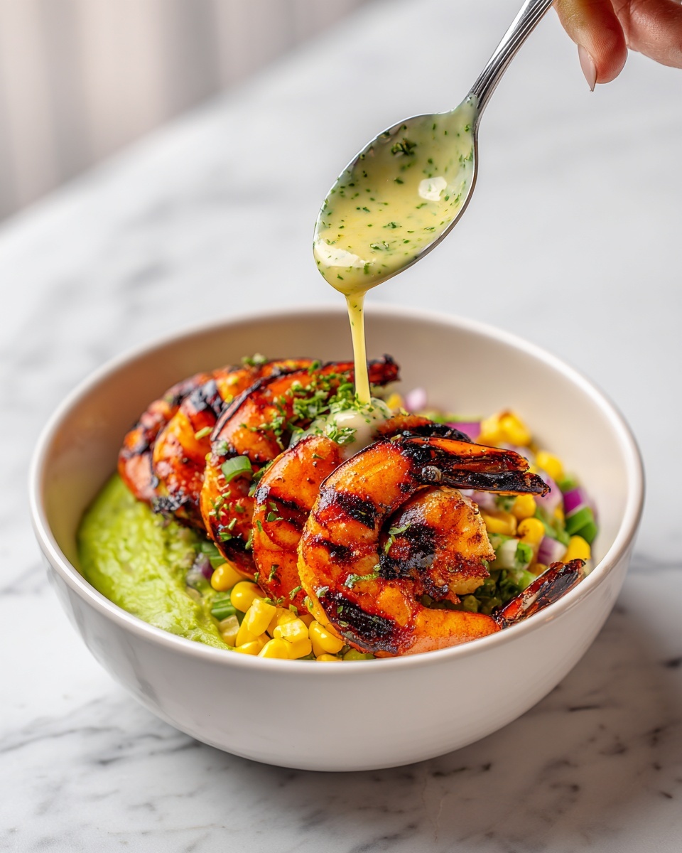 Yummy Grilled Shrimp Bowl with Avocado Corn Salsa and Creamy Sauce Recipe - Recipe Image