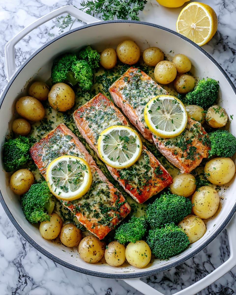 Lemon Butter Salmon with Crispy Potatoes and Broccoli Recipe - Recipe Image