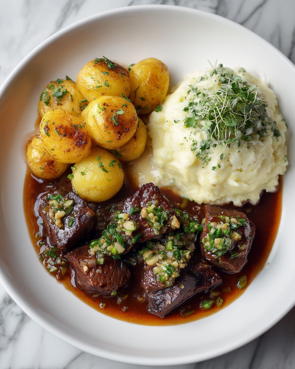 Garlic Butter Steak Bites with Cheesy Smashed Potatoes Recipe - Recipe Image