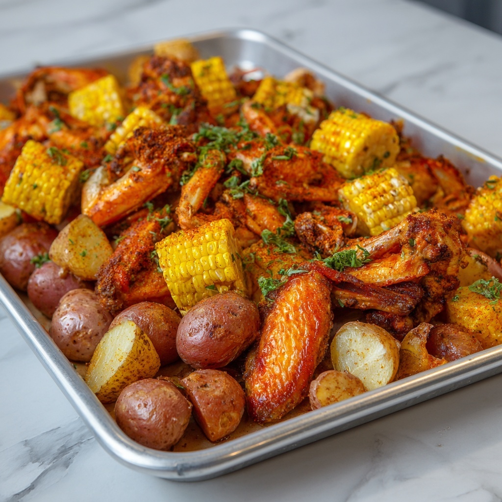 Spicy Cajun Chicken Wing Boil with Corn, Sausage, and Potatoes Recipe - Recipe Image