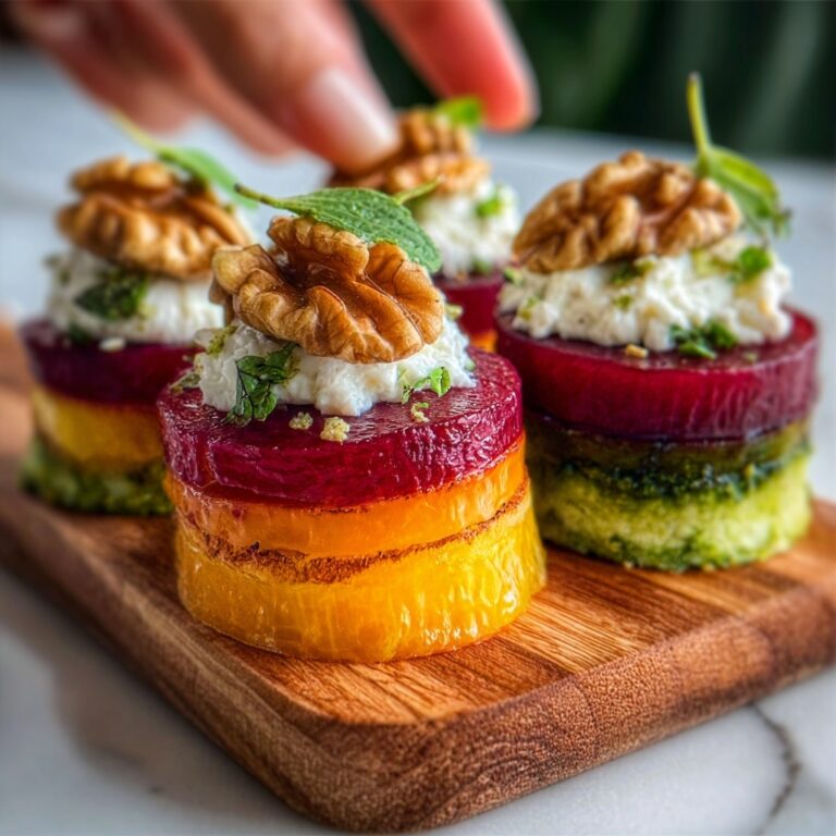 Sweet Potato Beet Stacks with Pesto, Burrata & Walnuts Recipe