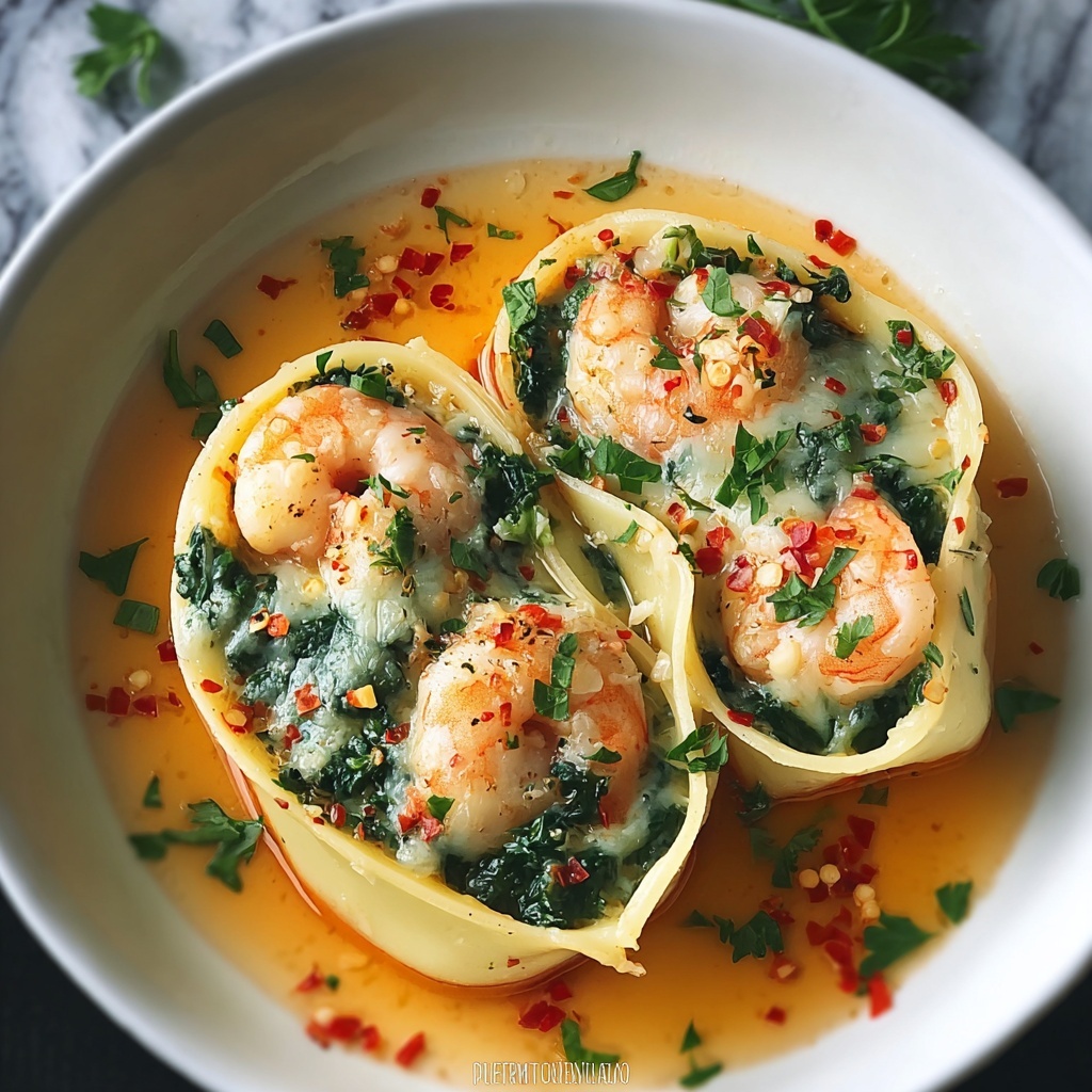 Shrimp & Spinach Stuffed Pasta Rolls with Roasted Red Pepper Cream Sauce Recipe - Recipe Image