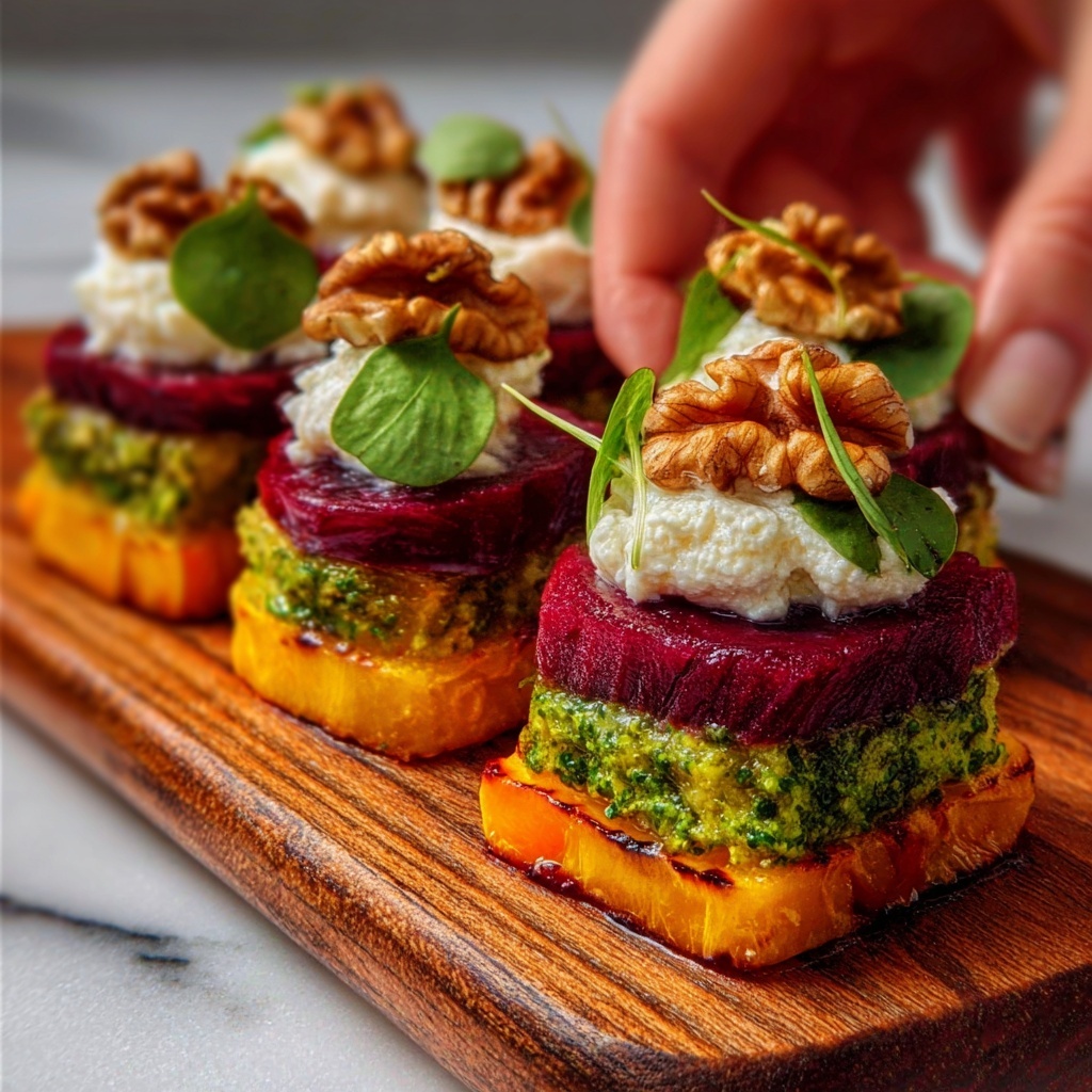 Sweet Potato Beet Stacks with Pesto, Burrata & Walnuts Recipe - Recipe Image