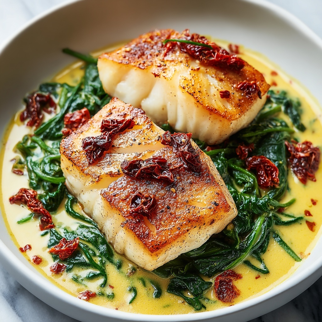 Creamy Keto Tuscan Cod with Spinach and Sun-Dried Tomatoes Recipe - Recipe Image