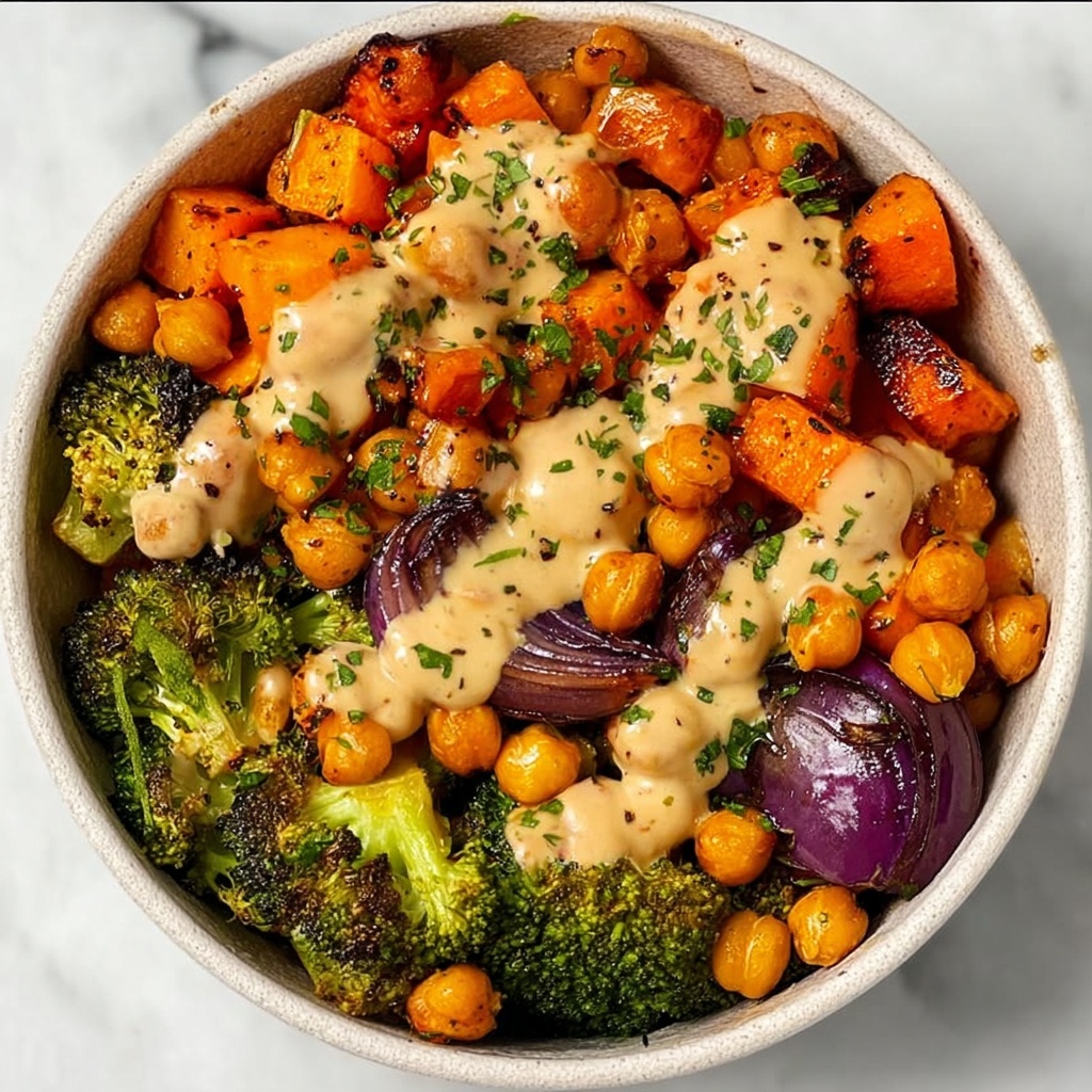 Roasted Veggie Chickpea Bowls with Maple Dijon Tahini Dressing Recipe - Recipe Image