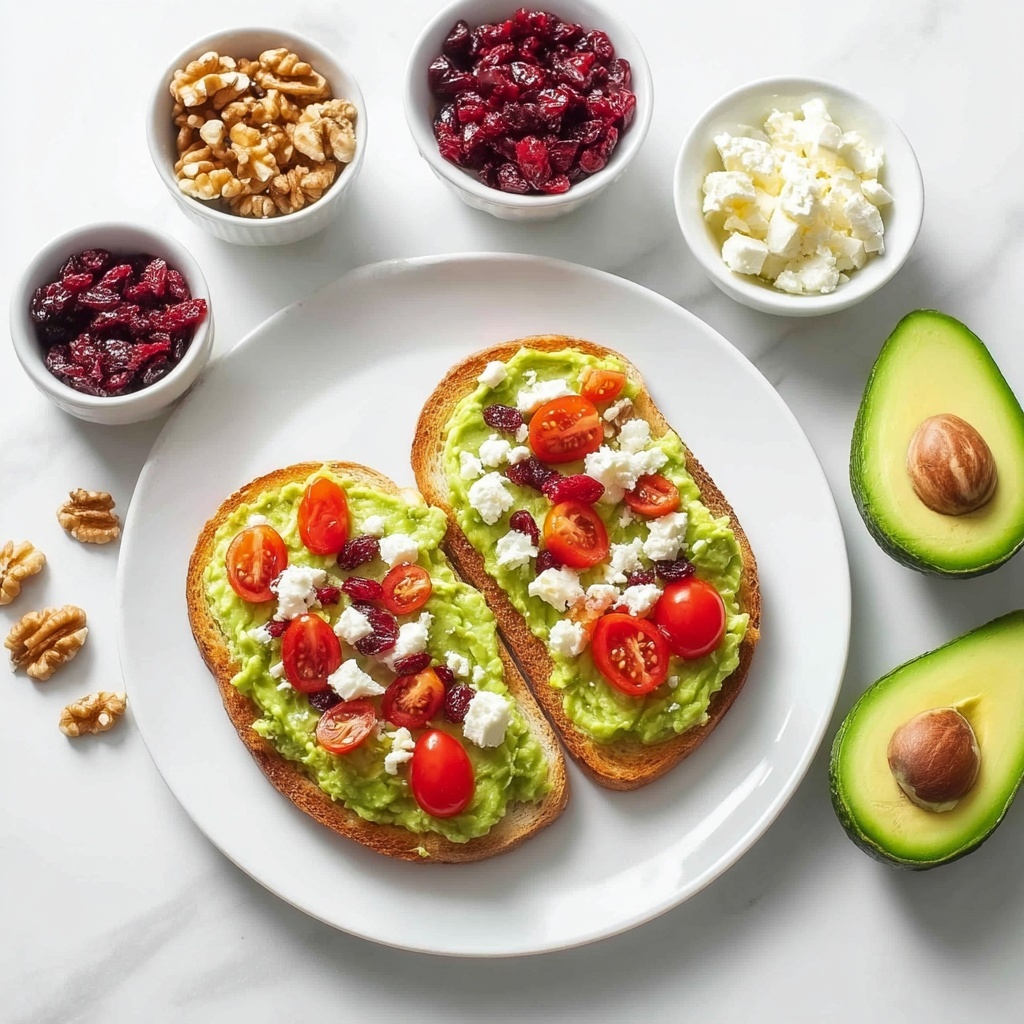 Avocado Toast with Feta, Cherry Tomatoes, Cranberries, and Walnuts Recipe - Recipe Image