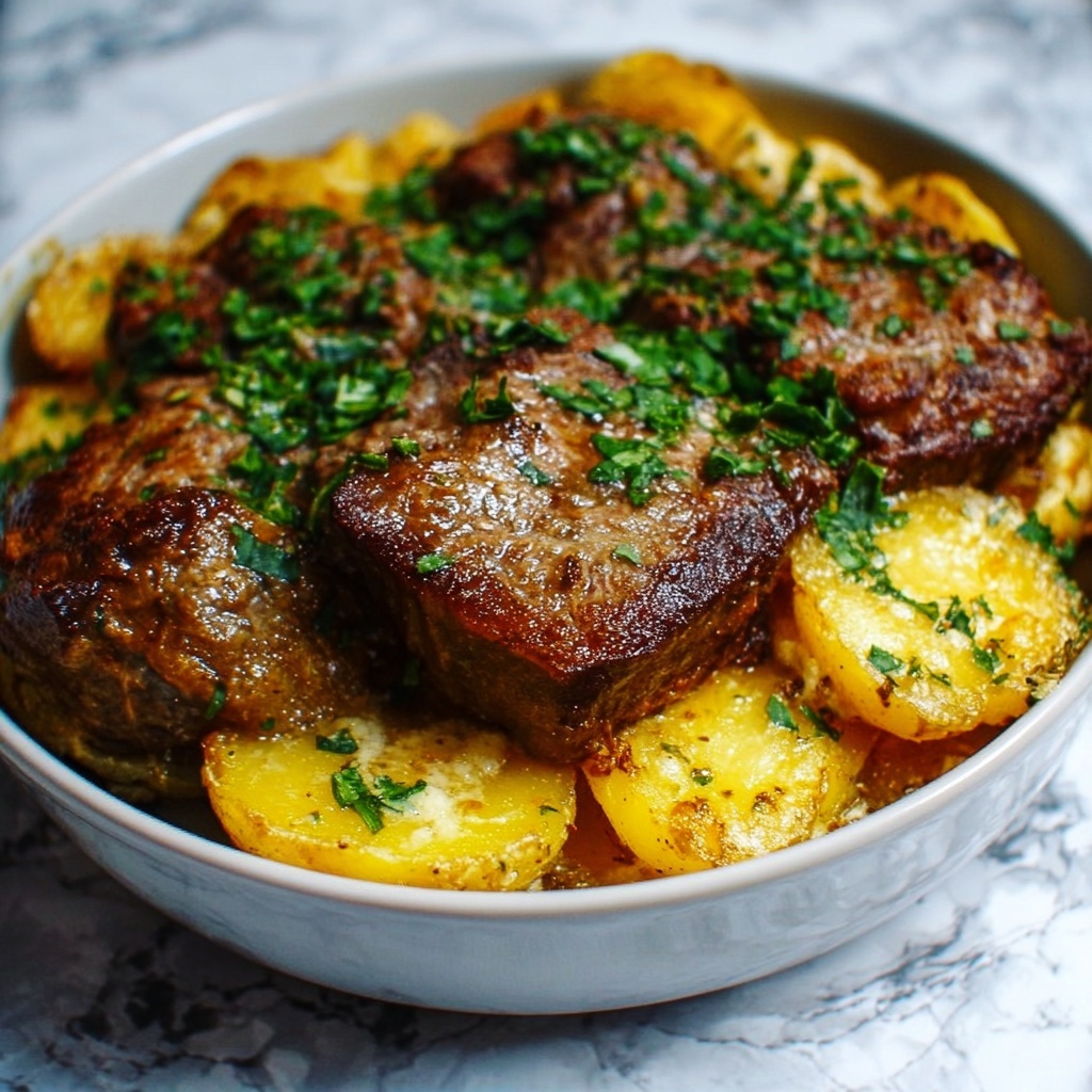 Garlic Parmesan Beef Chops with Cheesy Scalloped Potatoes Recipe - Recipe Image