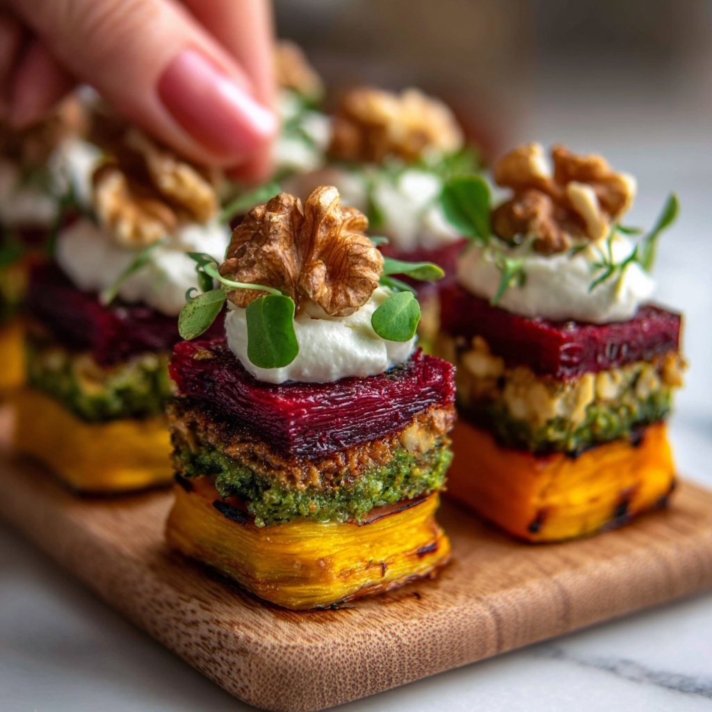 Sweet Potato Beet Stacks with Pesto, Burrata & Walnuts Recipe - Recipe Image