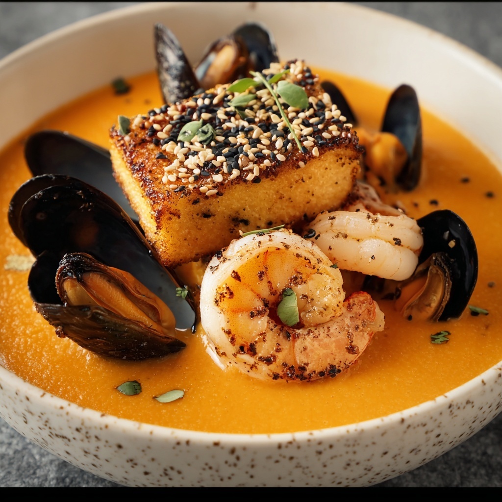 Spiced Seafood Bisque With Sesame Prawn Croutons Recipe - Recipe Image
