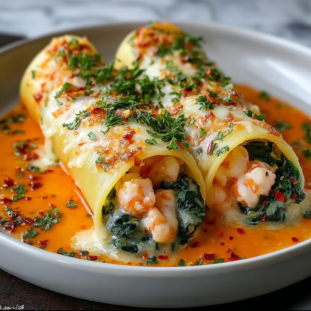 Shrimp & Spinach Stuffed Pasta Rolls with Roasted Red Pepper Cream Sauce Recipe - Recipe Image