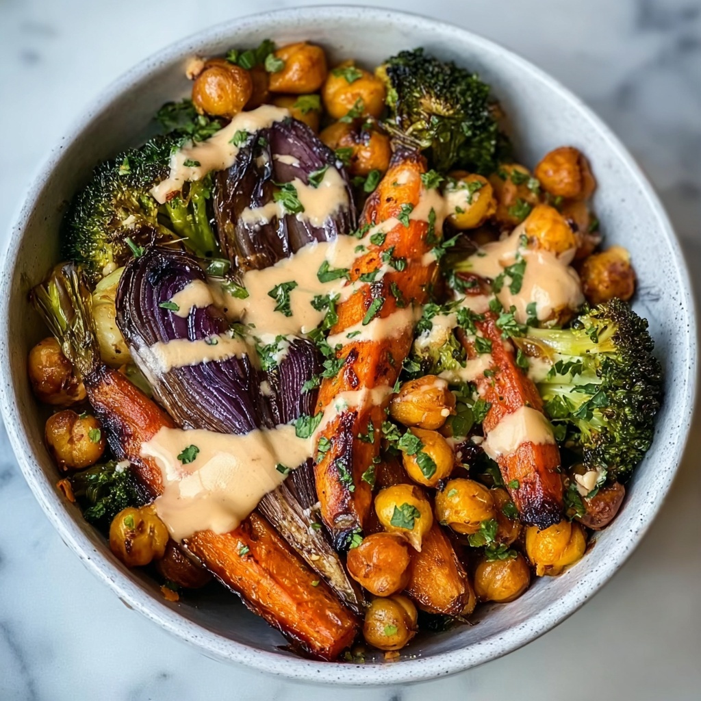 Roasted Veggie Chickpea Bowls with Maple Dijon Tahini Dressing Recipe - Recipe Image