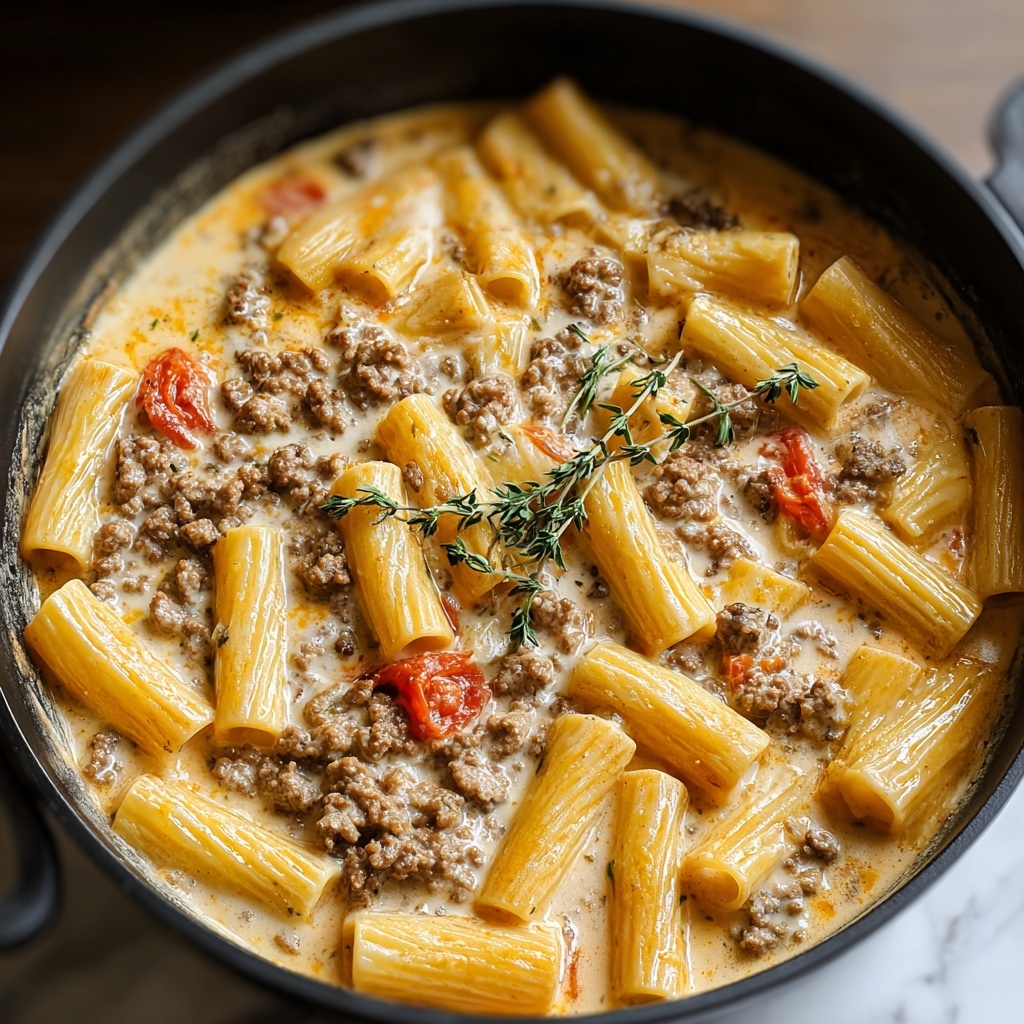 One Pot Creamy Tomato Beef Pasta Recipe - Recipe Image