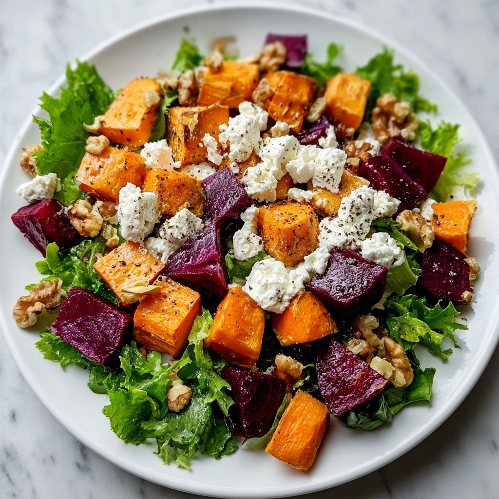 Creamy Roasted Beet Salad with Sweet Potato, Feta, and Walnuts Recipe - Recipe Image