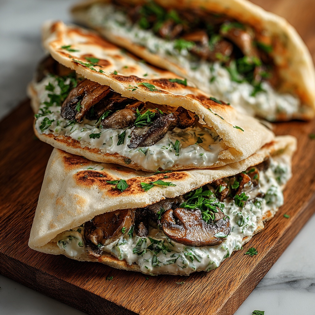 Cheesy Beef and Mushroom Pita Pockets with Tzatziki Sauce Recipe - Recipe Image
