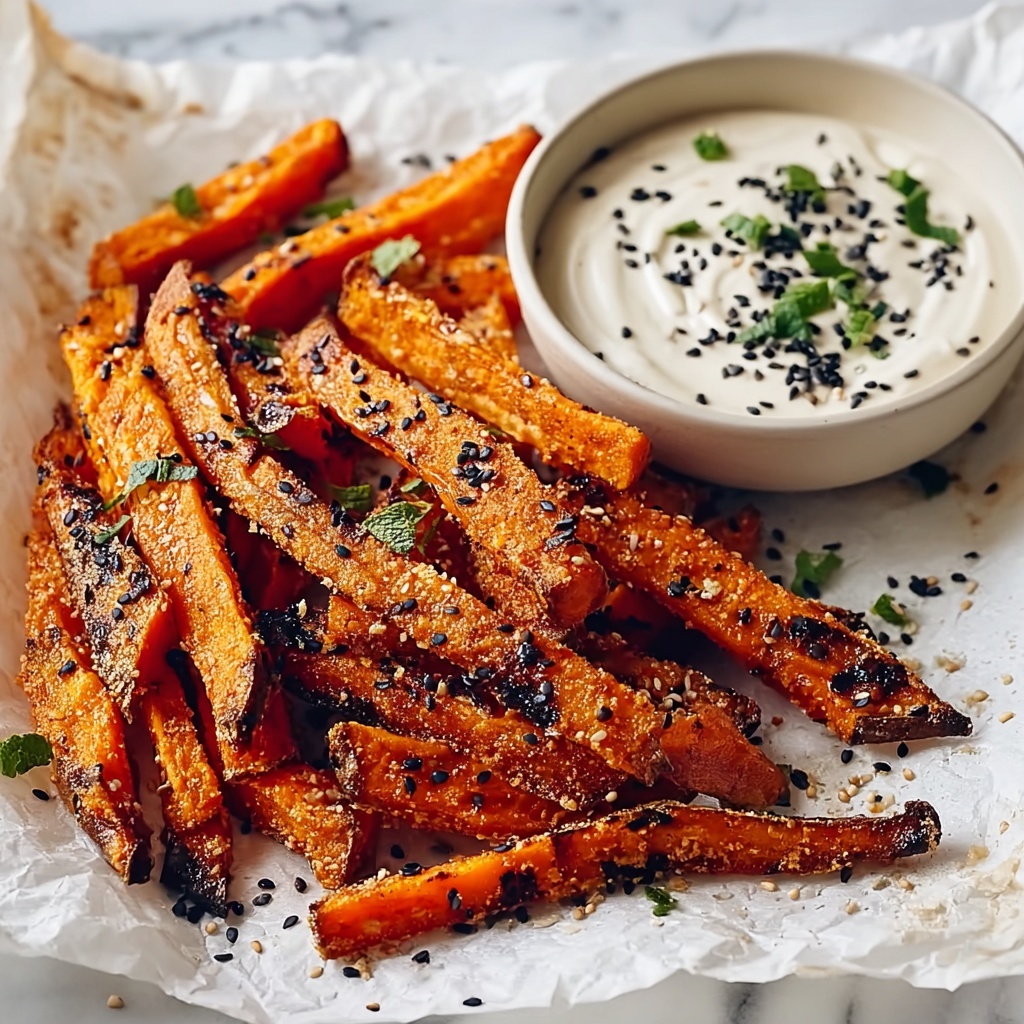 Crispy Baked Sweet Potato Fries with Roasted Garlic Tahini Yogurt Dip Recipe - Recipe Image