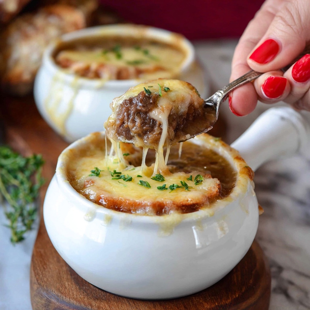 French Onion Beef Soup with Gruyere-Crusted Bread Recipe - Recipe Image