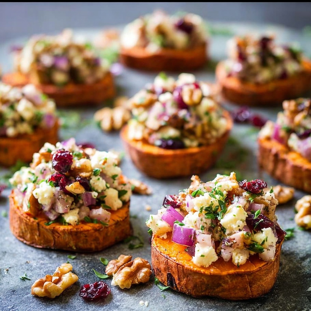 Sweet Potato Rounds with Goat Cheese, Cranberry, Apple, and Pecans Recipe - Recipe Image
