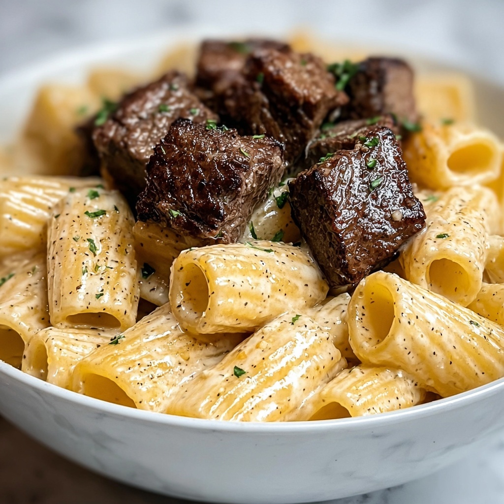 Cajun Steak Tips in Cheesy Rigatoni Parmesan Sauce Recipe - Recipe Image