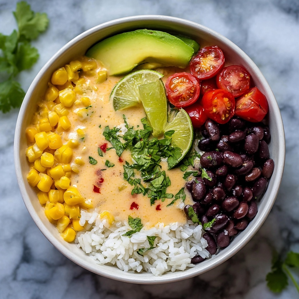 Black Bean Burrito Bowl with Chipotle Sauce and Fresh Garnishes Recipe - Recipe Image