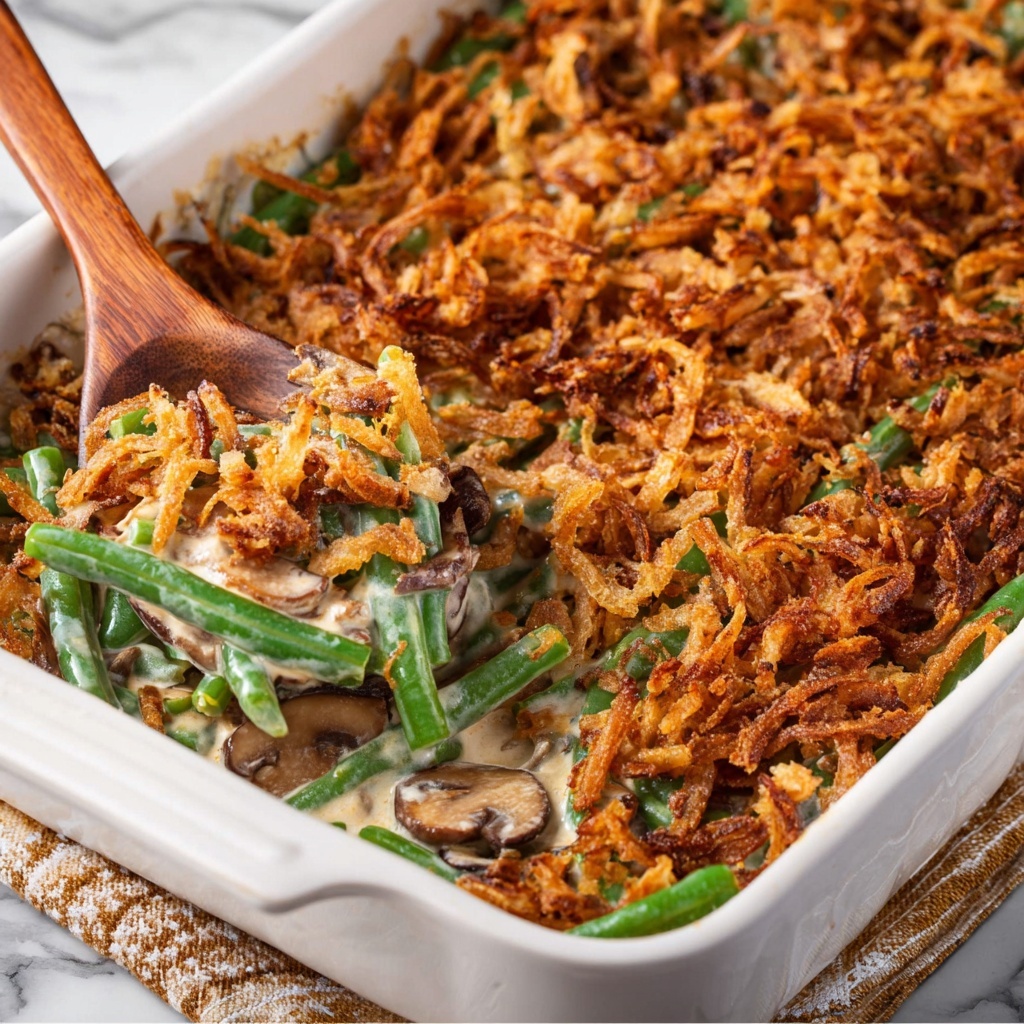 Creamy Green Bean Casserole with Mushrooms and Crispy Fried Onions Recipe - Recipe Image