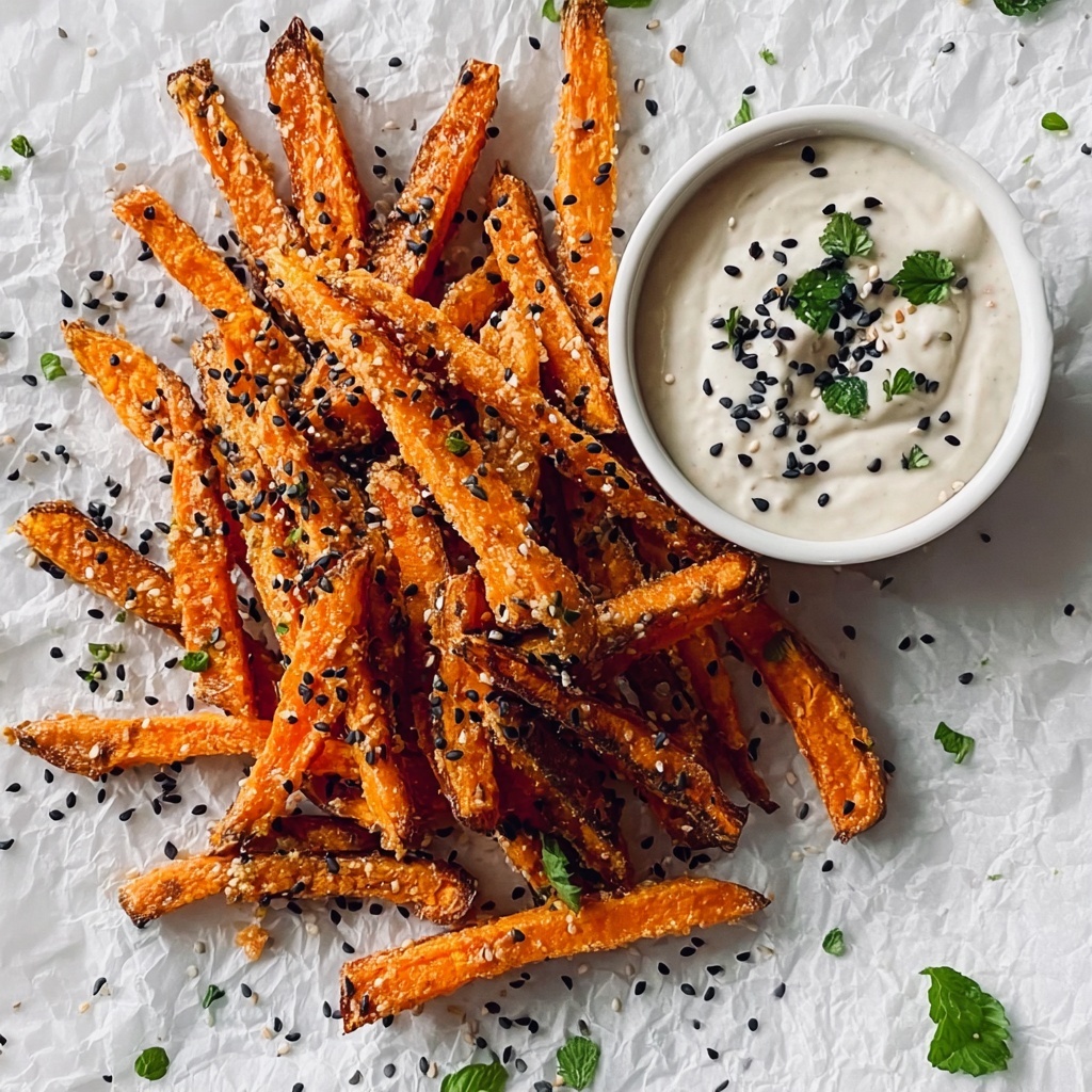 Crispy Baked Sweet Potato Fries with Roasted Garlic Tahini Yogurt Dip Recipe - Recipe Image