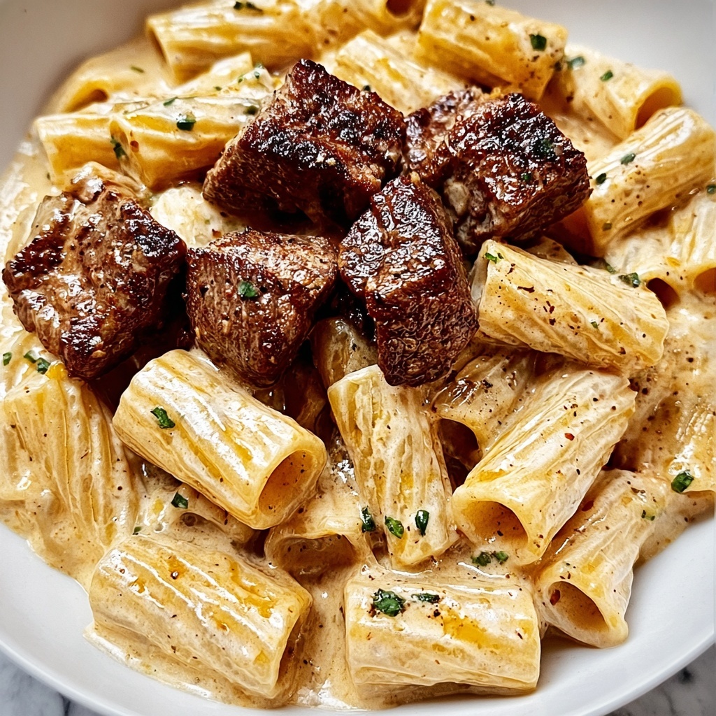 Cajun Steak Tips in Cheesy Rigatoni Parmesan Sauce Recipe - Recipe Image