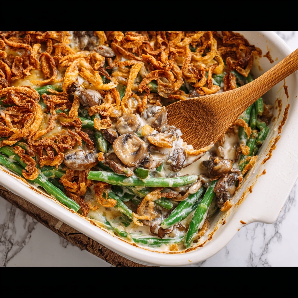 Creamy Green Bean Casserole with Mushrooms and Crispy Fried Onions Recipe - Recipe Image