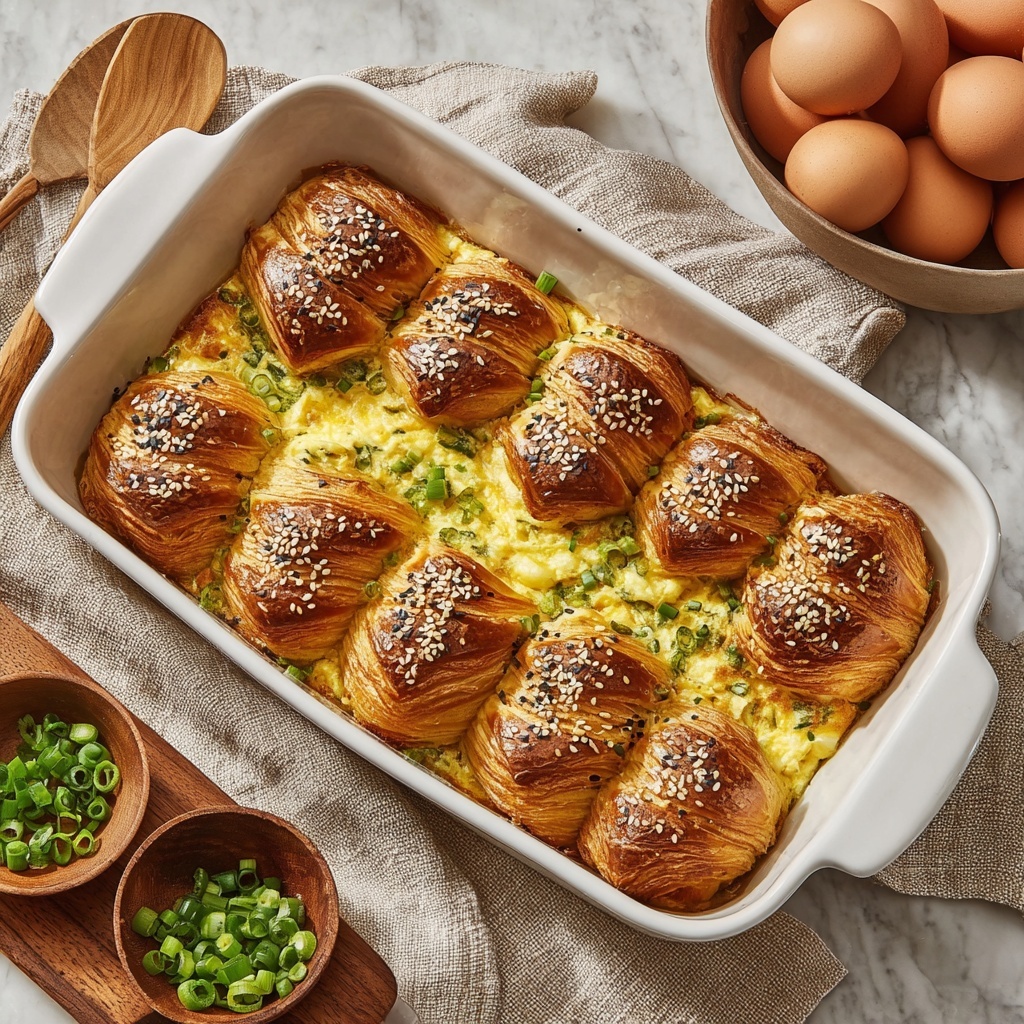 Croissant Breakfast Casserole with Sausage, Cream Cheese, and Green Onions Recipe - Recipe Image